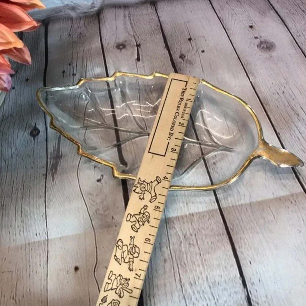 vintage glass relish dish gold edged leaf